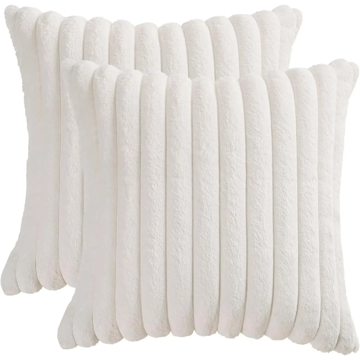 Set of 2 Luxuriously Soft Faux Plush Decorative Throw Pillow Covers - 18x18 Inches, Cream White Striped Accent Cushions for Sofa, Couch, and Bed