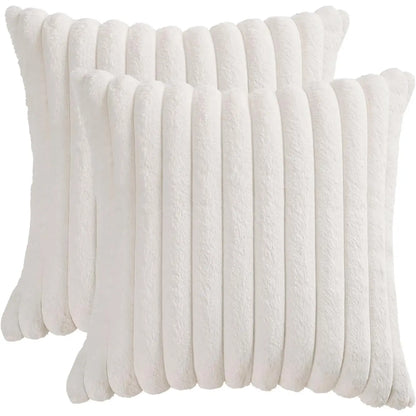 Set of 2 Luxuriously Soft Faux Plush Decorative Throw Pillow Covers - 18x18 Inches, Cream White Striped Accent Cushions for Sofa, Couch, and Bed