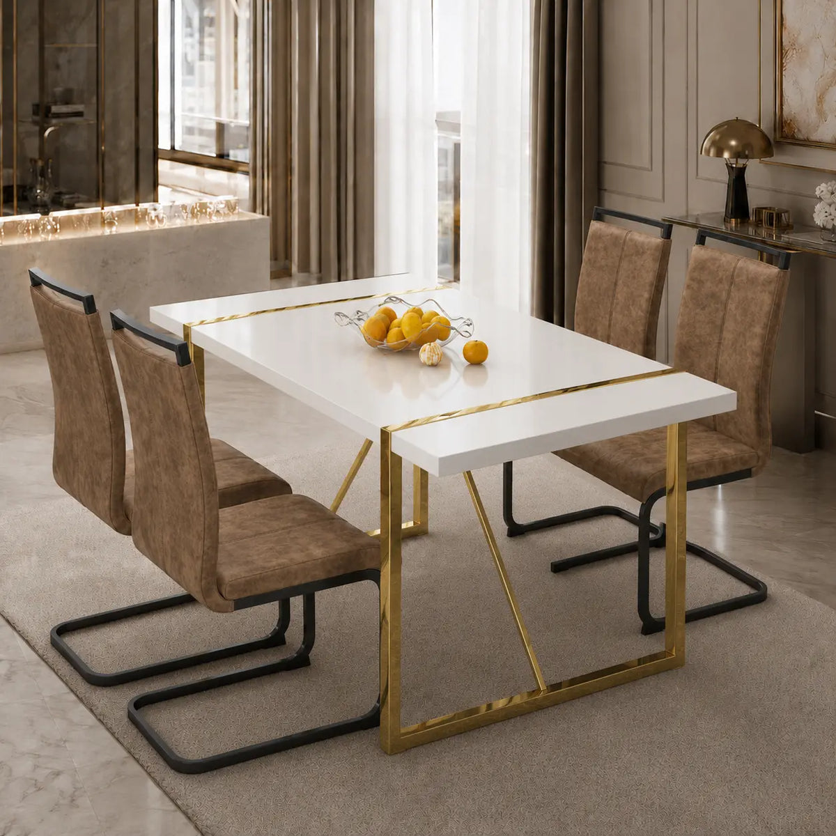Elegant 5-Piece Dining Table Set for 6 - Modern White Rectangular MDF Table with Comfortable Leather Chairs
