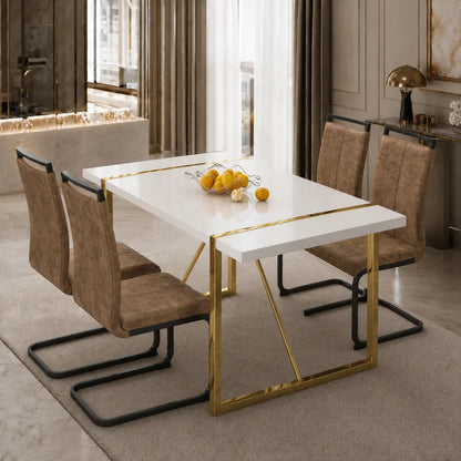 Elegant 5-Piece Dining Table Set for 6 - Modern White Rectangular MDF Table with Comfortable Leather Chairs