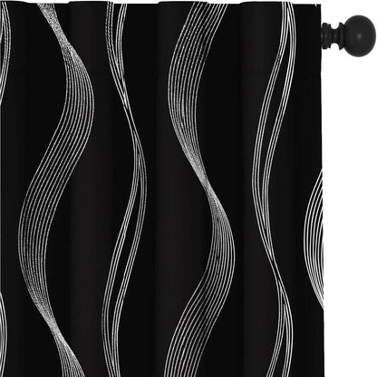 Silver Wave Print Blackout Curtains | Thermal Insulated, Grommet or Rod Pocket | Wide Size Range, Set of 2
