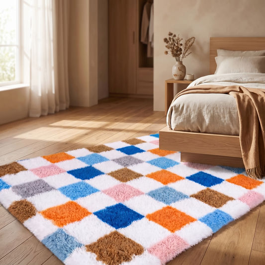 Ultra Soft Checkerboard Shag Area Rug shown styled in a bedroom