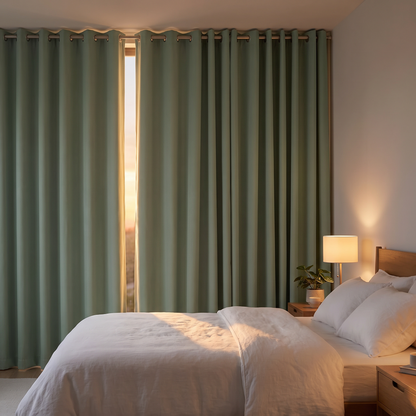 Room-Darkening Thermal Grommet Curtains shown in a styled bedroom