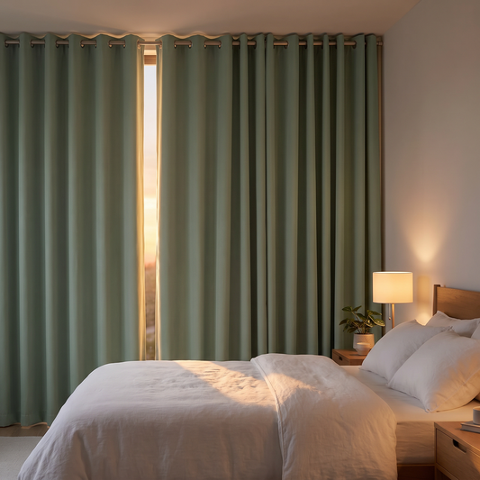 Room-Darkening Thermal Grommet Curtains shown in a styled bedroom