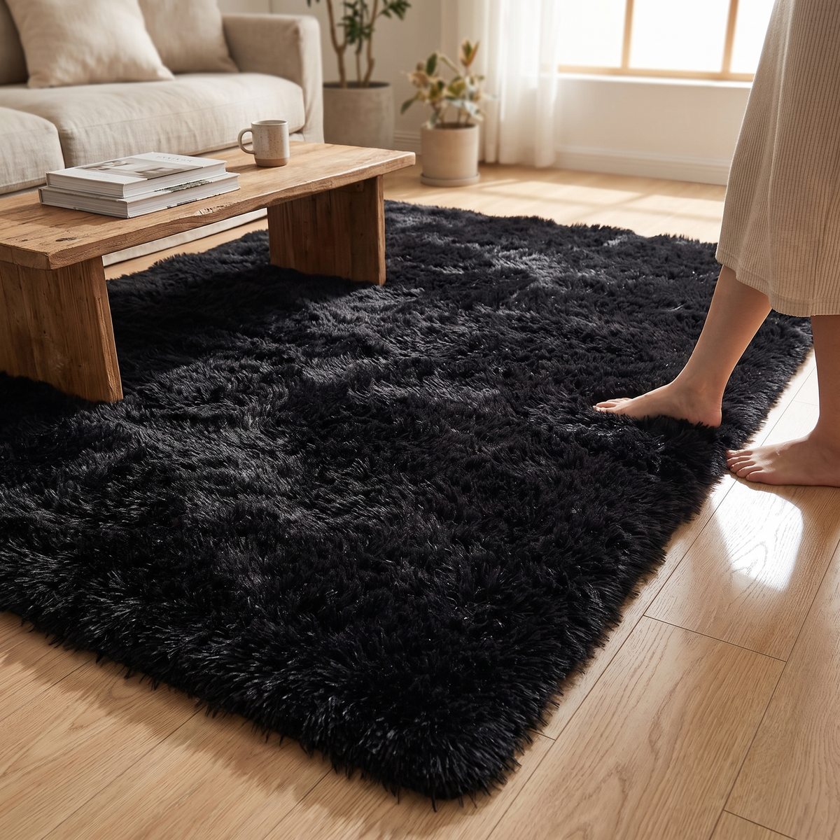 Black Soft Fluffy Shag Area Rug shown styled on a living room floor