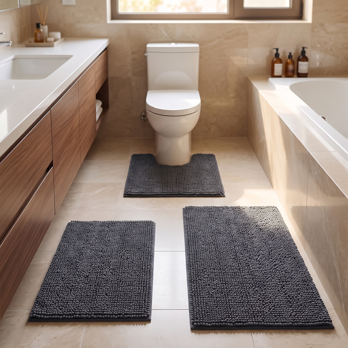 Striped Chenille Bath Rug Set shown styled in a bathroom