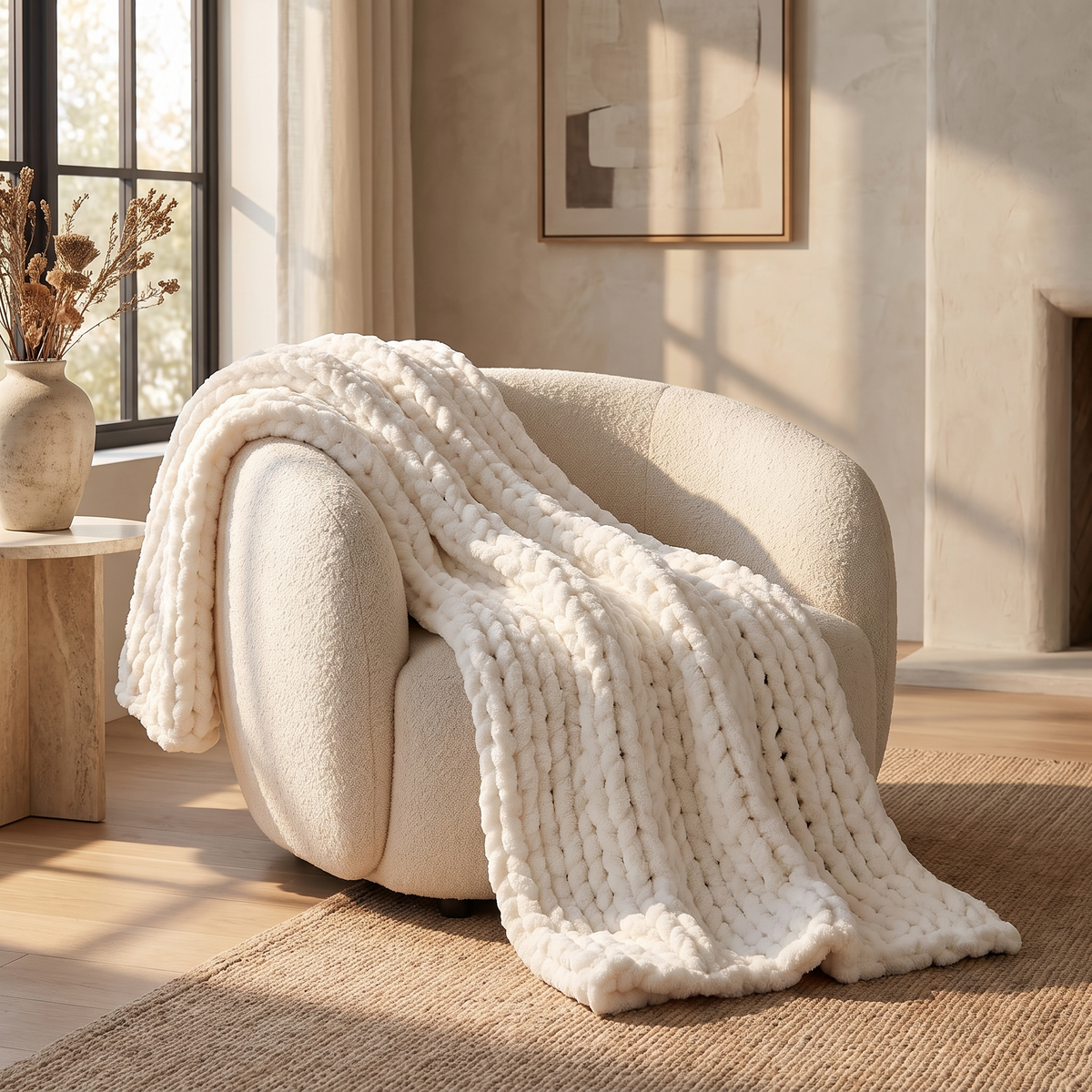 Soft Chunky Knit Throw Blanket shown styled in a living room