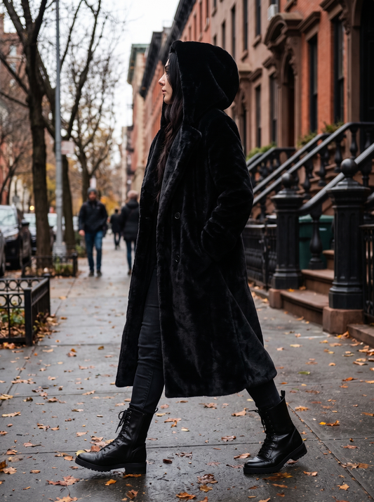 Thora Faux Fur Coat shown worn outdoors