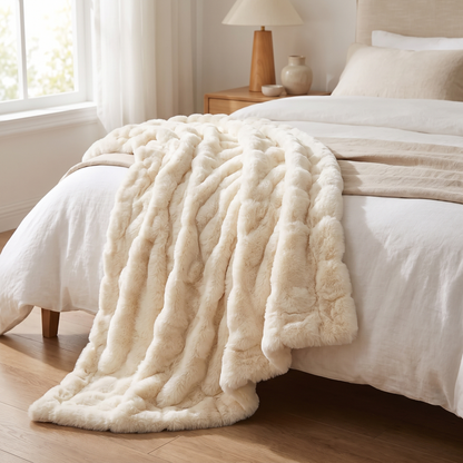 Fluffy Faux Fur Throw Blanket shown draped on a bed