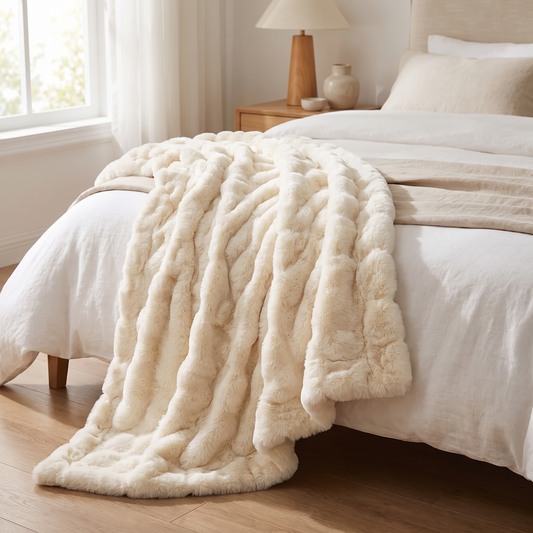 Fluffy Faux Fur Throw Blanket shown draped on a bed