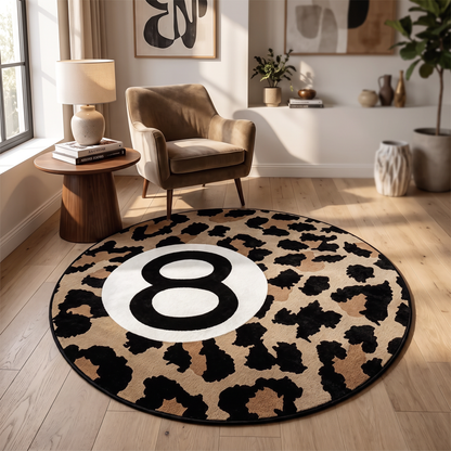 Vintage Leopard Print Round Rug shown styled in a living room