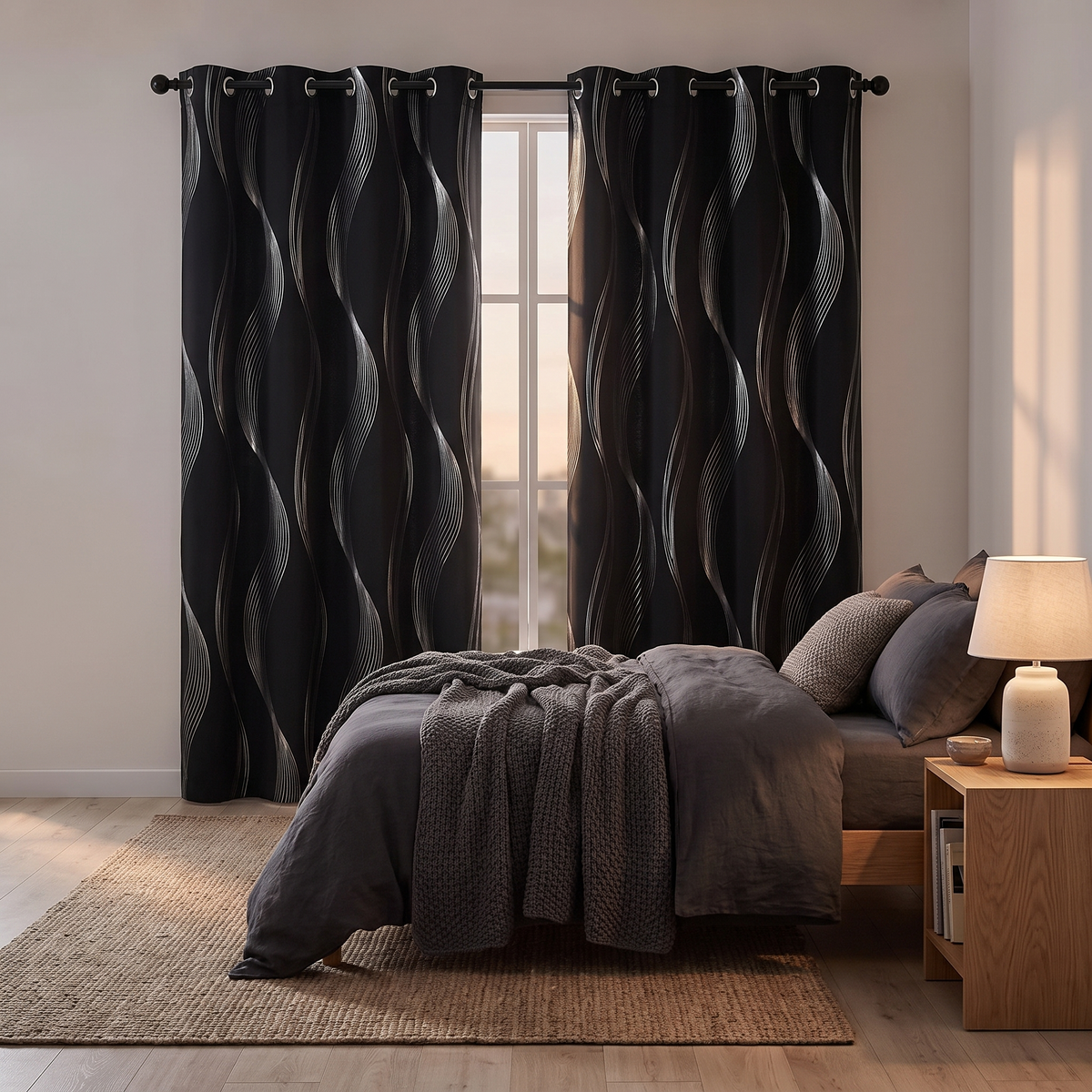 Silver Wave Print Blackout Curtains shown styled in a bedroom