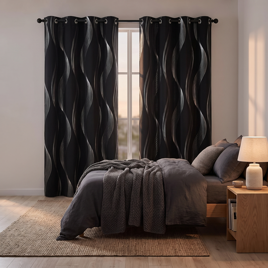 Silver Wave Print Blackout Curtains shown styled in a bedroom