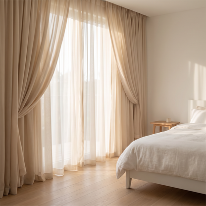 Solid Double Layer Light-Filtering Curtains shown styled in a bedroom