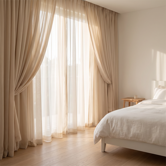 Solid Double Layer Light-Filtering Curtains shown styled in a bedroom