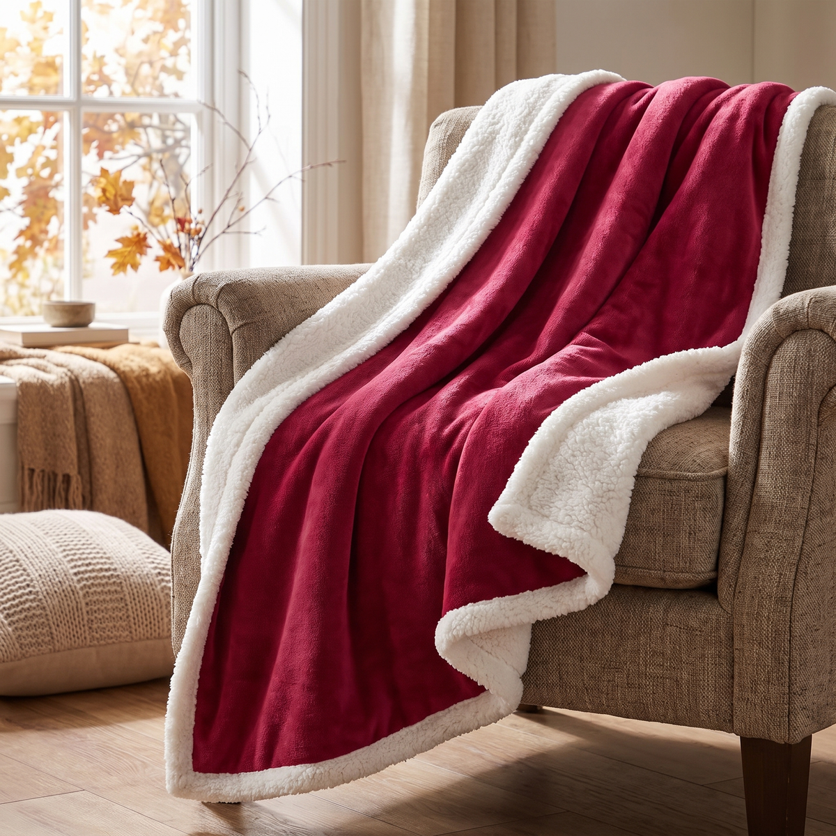 Dual-Layer Sherpa Fleece Blanket shown draped on a chair