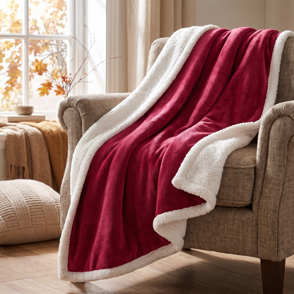 Dual-Layer Sherpa Fleece Blanket shown draped on a chair