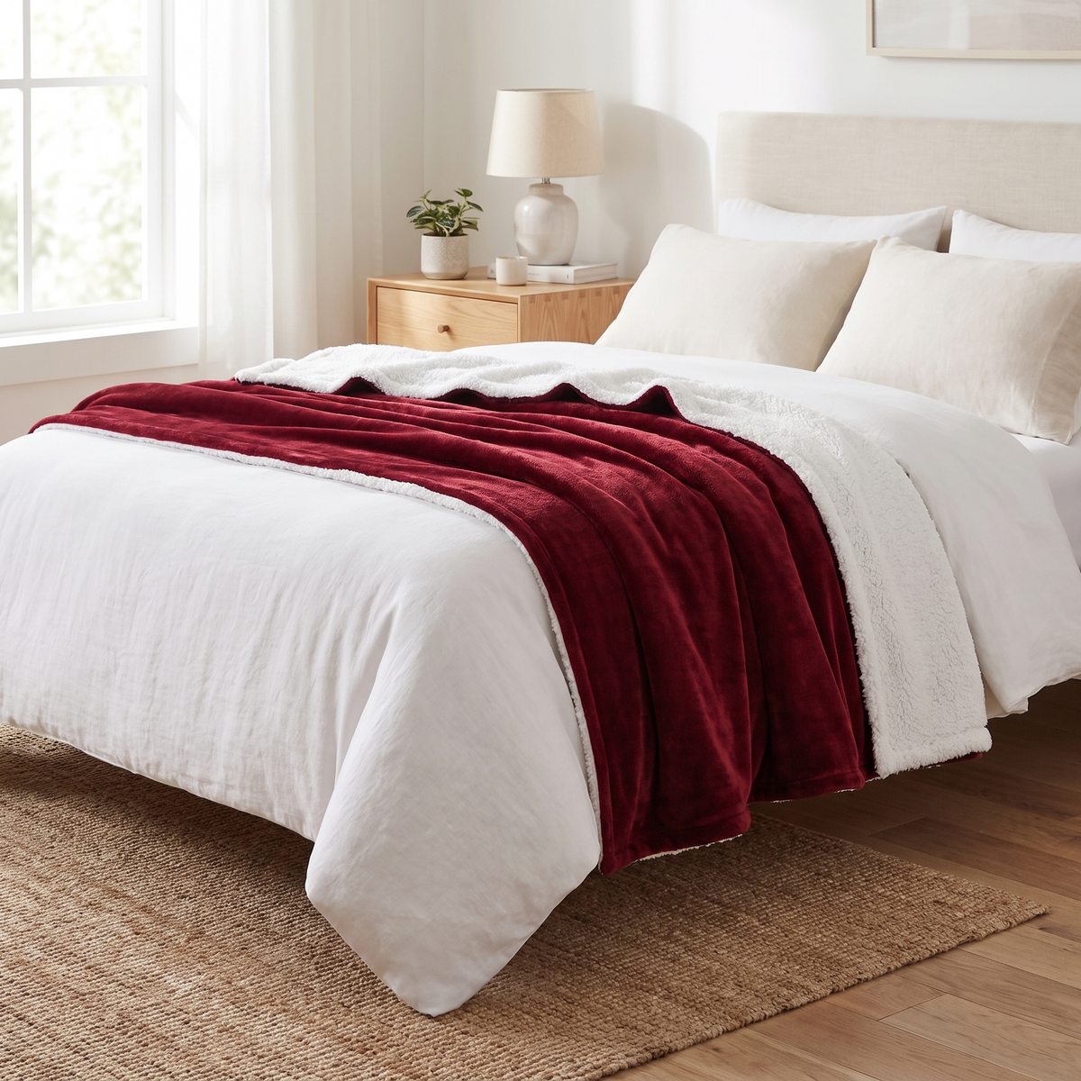 Sherpa Fleece Blanket shown draped on a bed