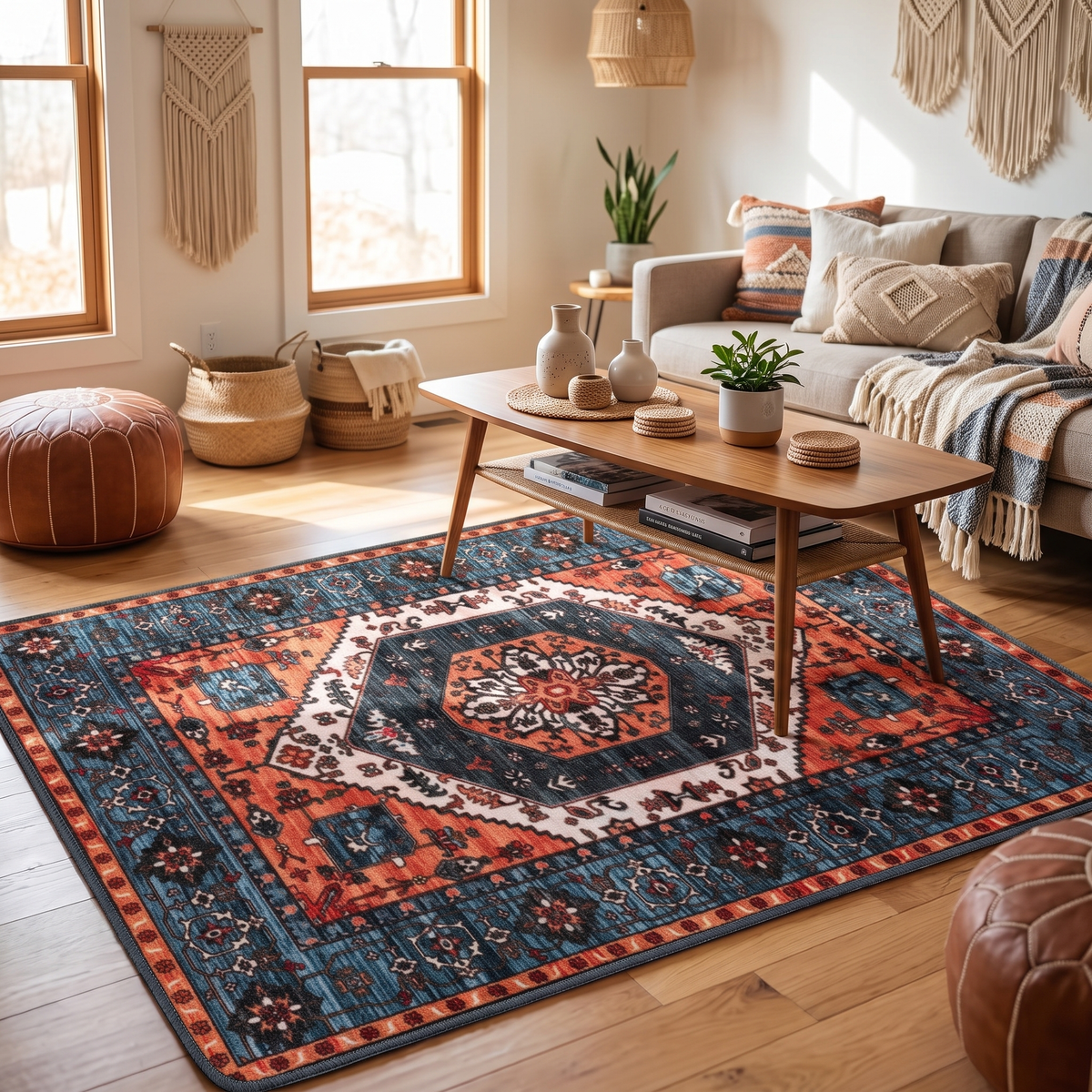 Boho Washable Low Pile Area Rug shown styled in a living room
