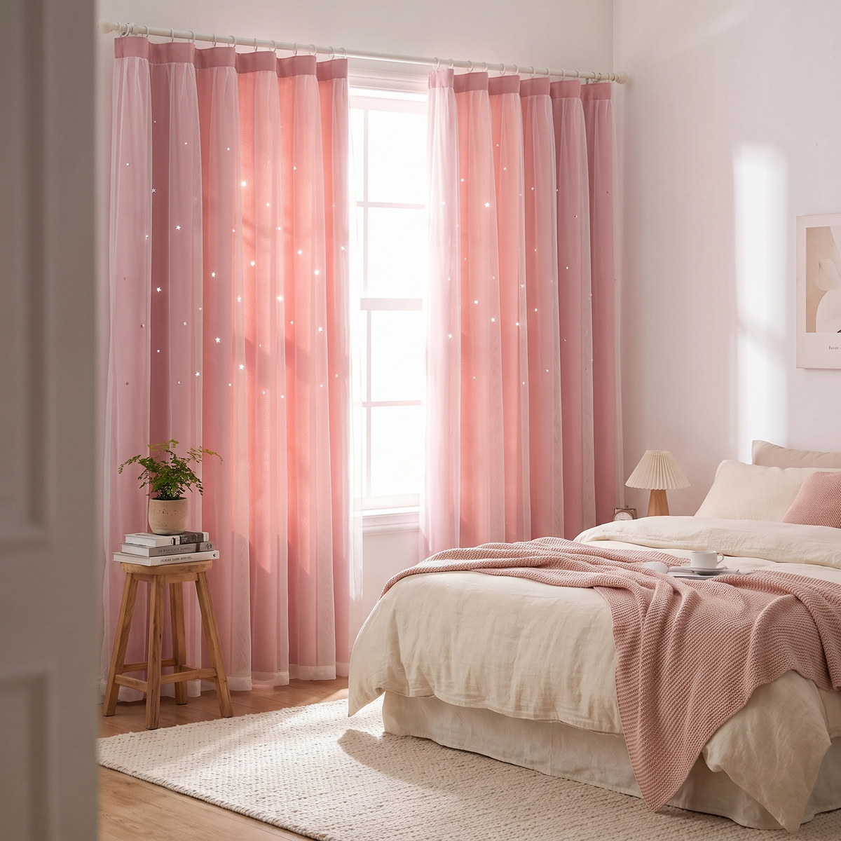 Double Layer Blackout Curtains Pink shown styled in a bedroom