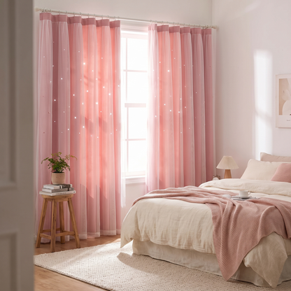 Double Layer Blackout Curtains Pink shown styled in a bedroom