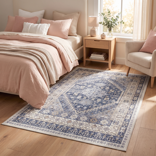 Bohemian Geometric Washable Bedroom Rug shown styled in a bedroom