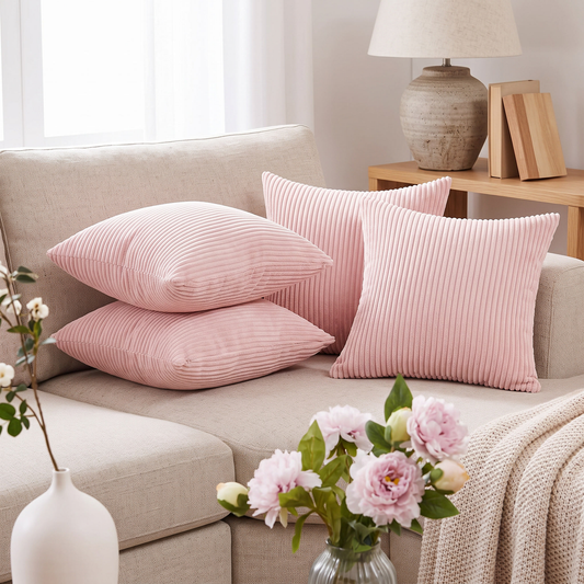 Cream Corduroy Striped Throw Pillow Covers shown styled on a sofa