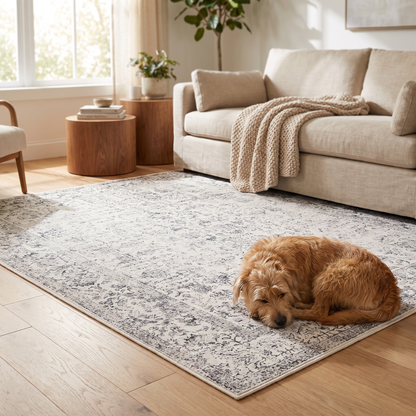 Pet Friendly Vintage Area Rug shown styled in a living room