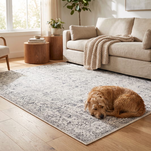 Pet Friendly Vintage Area Rug shown styled in a living room