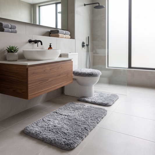 Grey Bathroom Rug Set shown styled in a bathroom