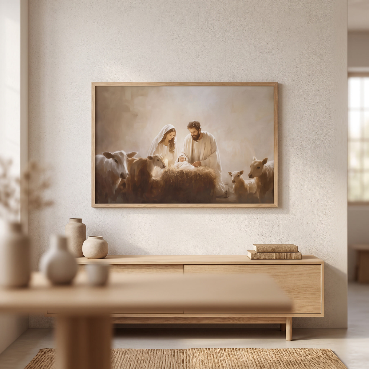 Vintage Jesus Nativity Wall Art Set shown hung on a wall