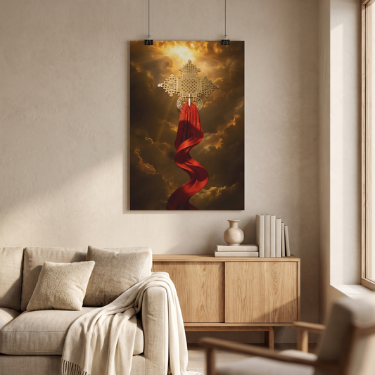 Ethiopian Orthodox Cross Framed Wall Art Set shown hung on a wall