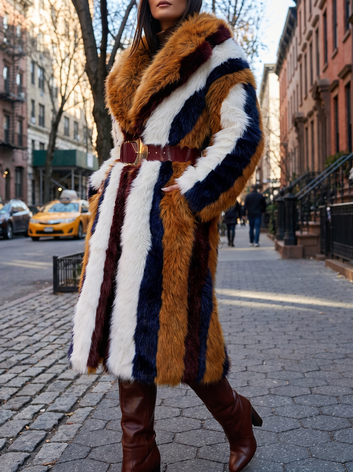 Striped Faux Fur Coat shown worn outdoors