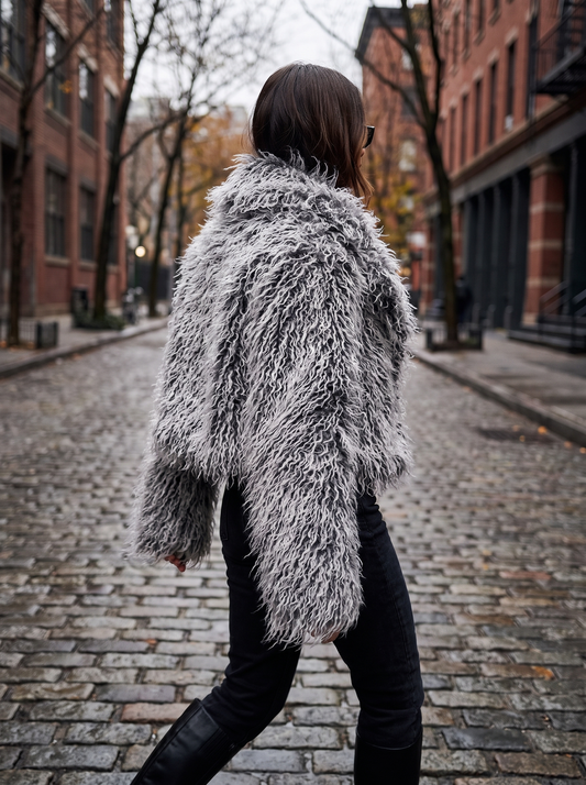 Shaggy Faux Fur Cropped Coat shown worn outdoors