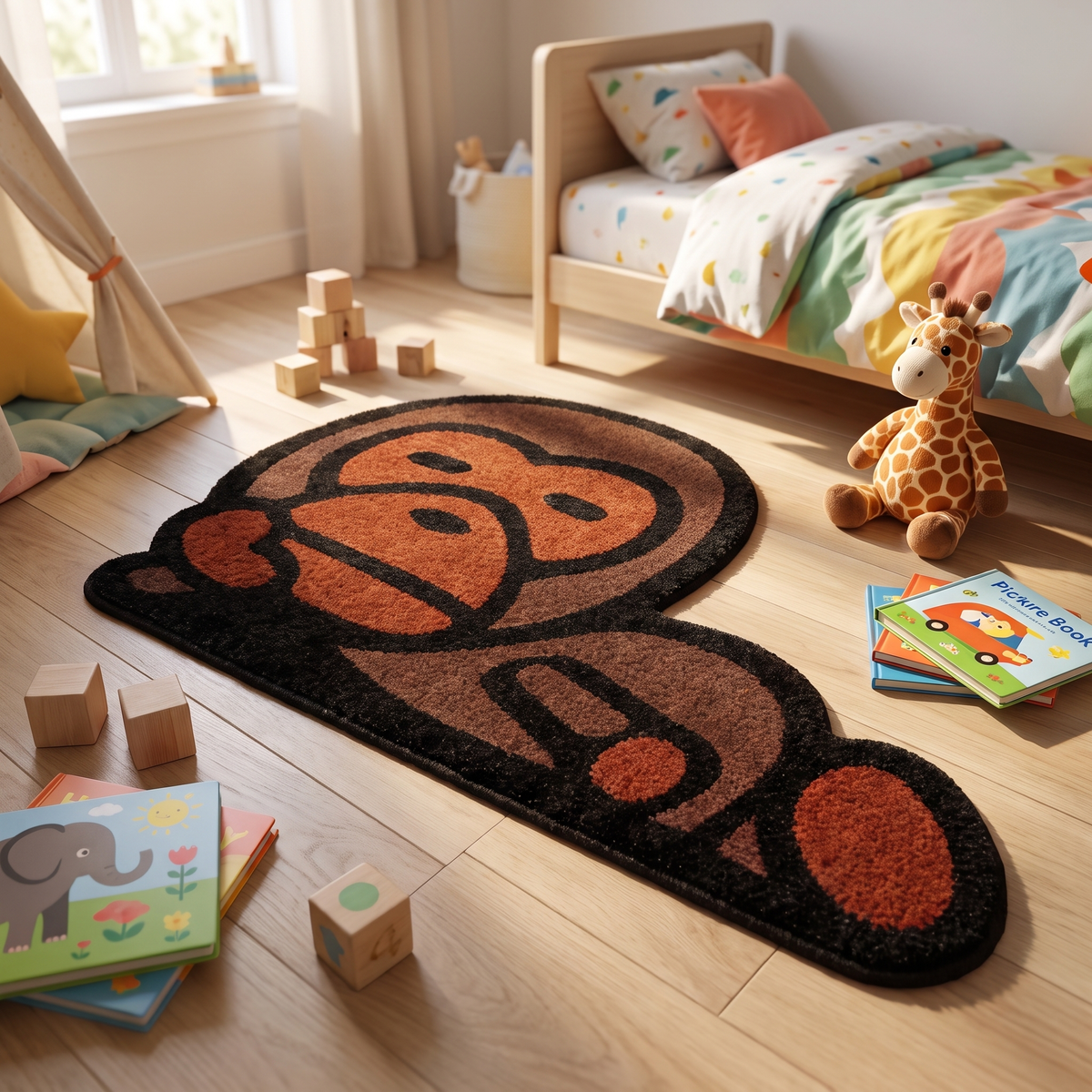 Cartoon Monkey Print Velvet Area Rug shown styled in a kids bedroom