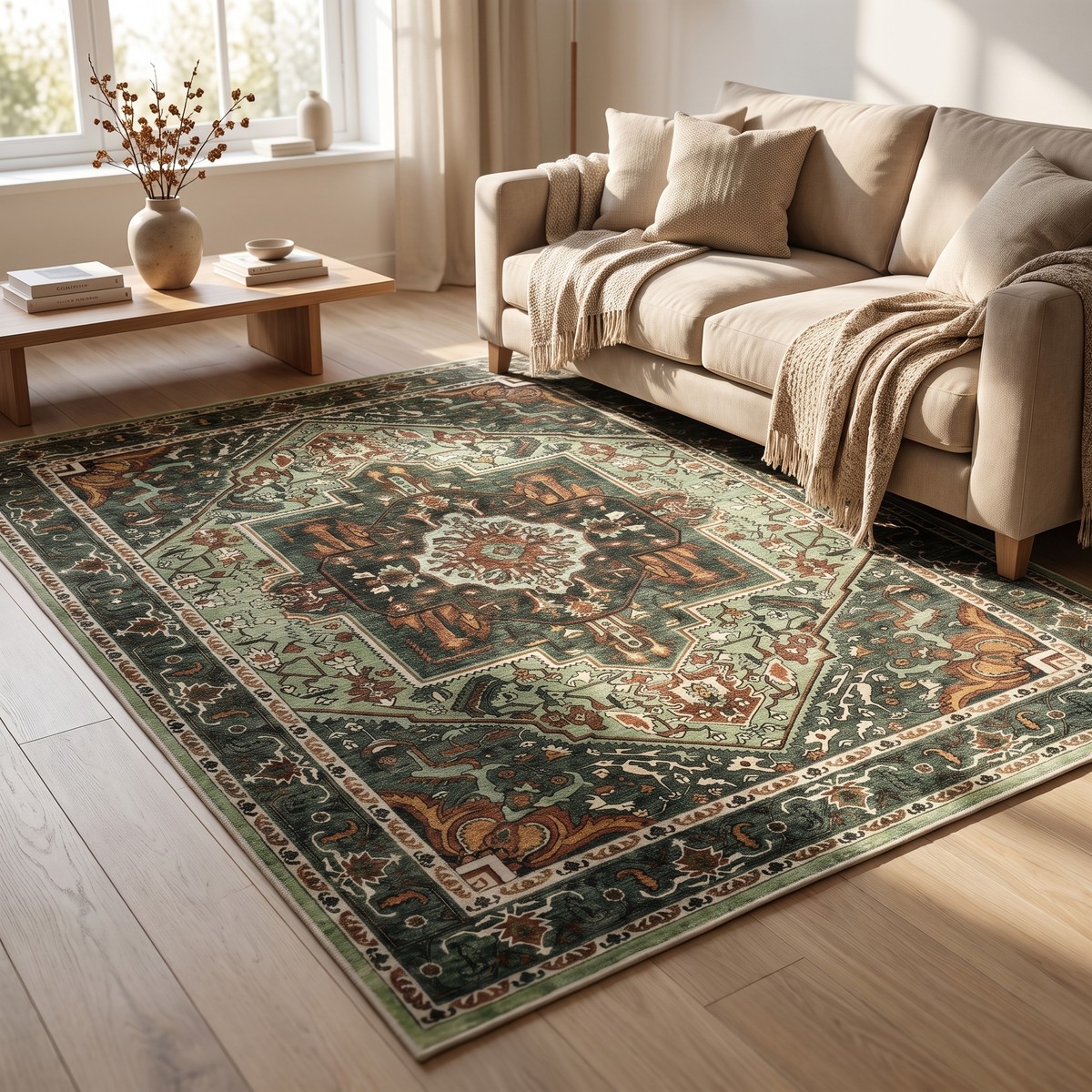 Neutral Vintage Washable Area Rug shown styled in a living room