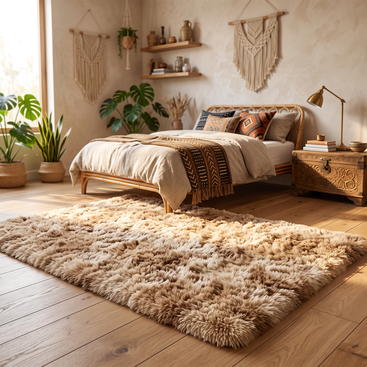 Modern Tie Dye Shaggy Area Rug shown styled in a bedroom
