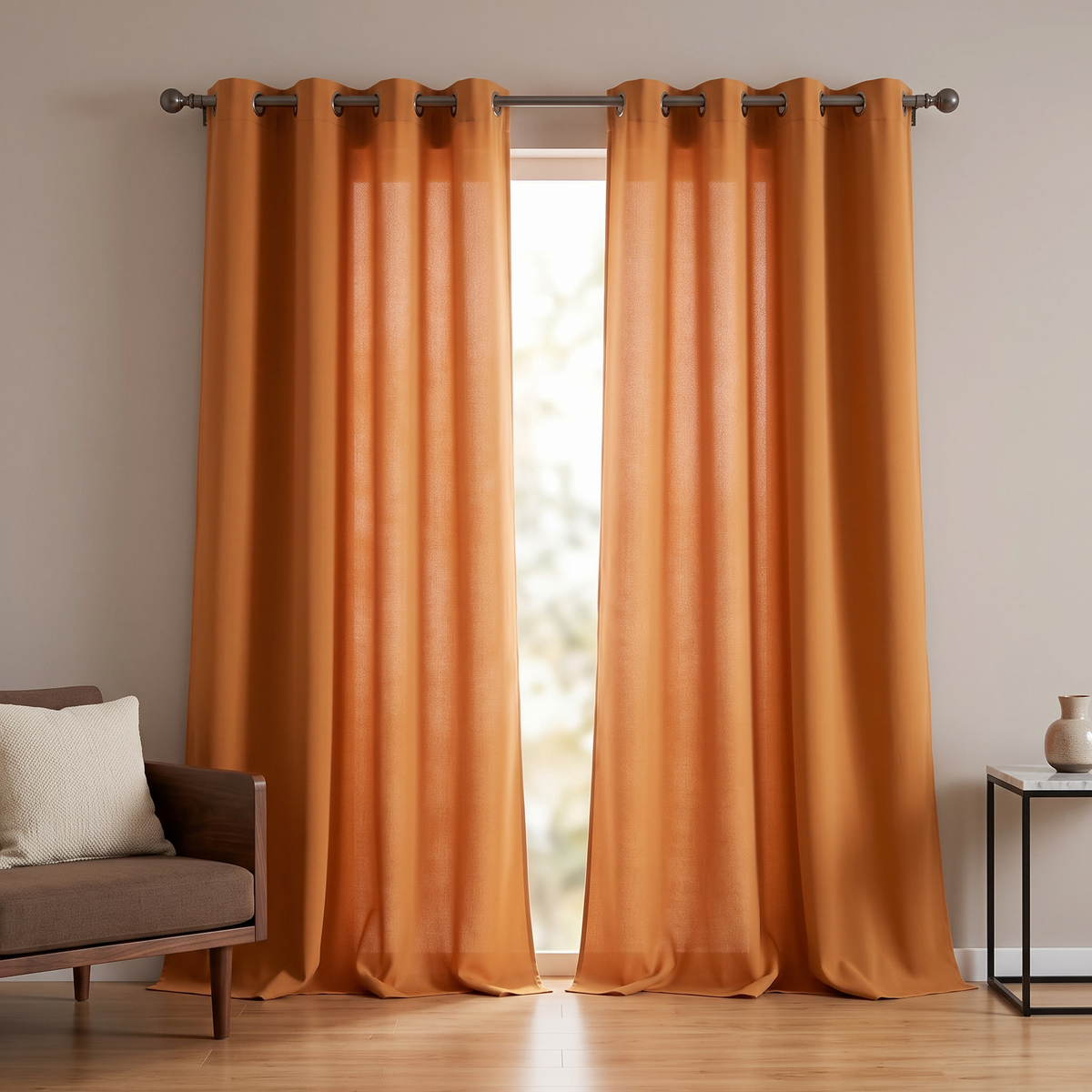 Grommet Blackout Curtains shown styled in a living room
