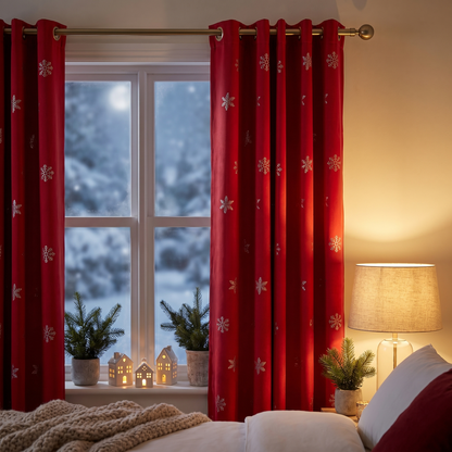 Red Snowflake Blackout Curtain Set shown styled in a bedroom