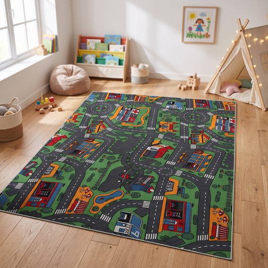Cartoon City Print Non-Slip Area Rug shown styled in a playroom