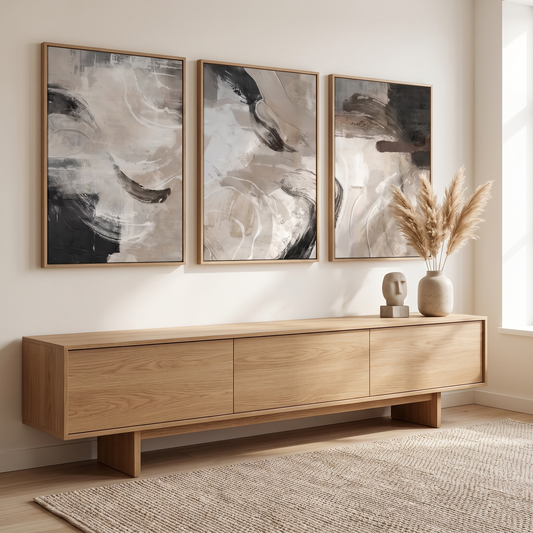 Neutral Abstract Framed Canvas Prints shown hung on a wall