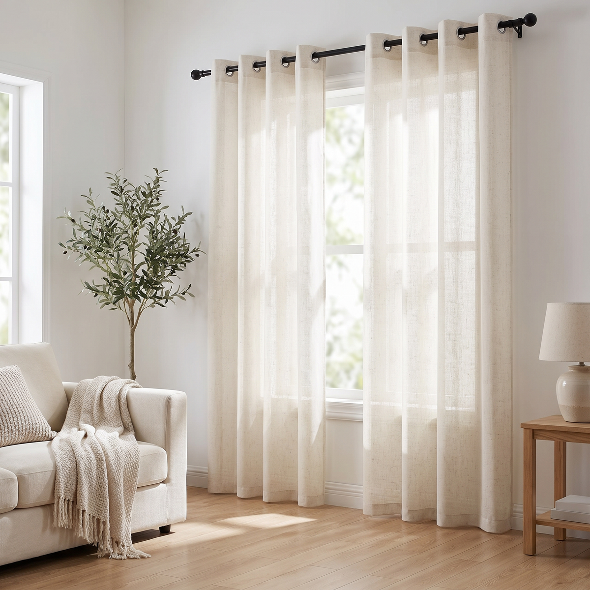 Semi-Sheer Linen Grommet Curtains shown styled in a living room