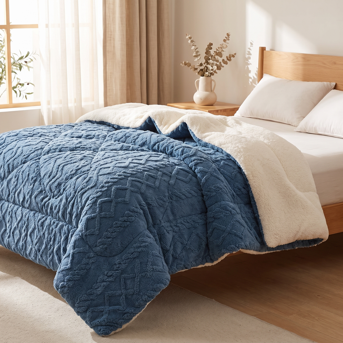 Flannel Fleece Ribbed Comforter Set shown styled on a bed