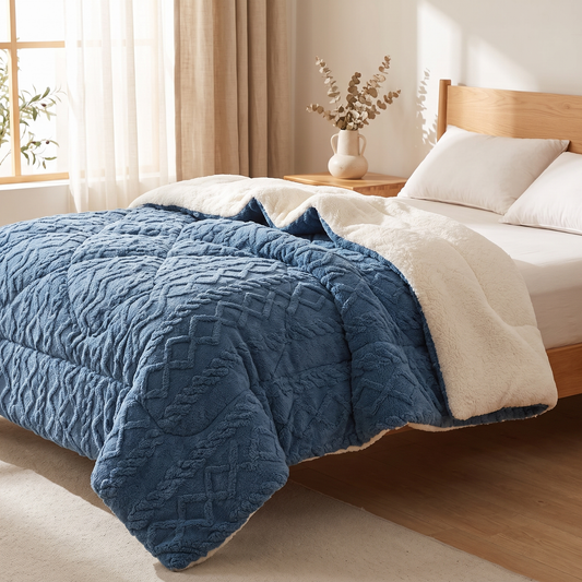 Flannel Fleece Ribbed Comforter Set shown styled on a bed