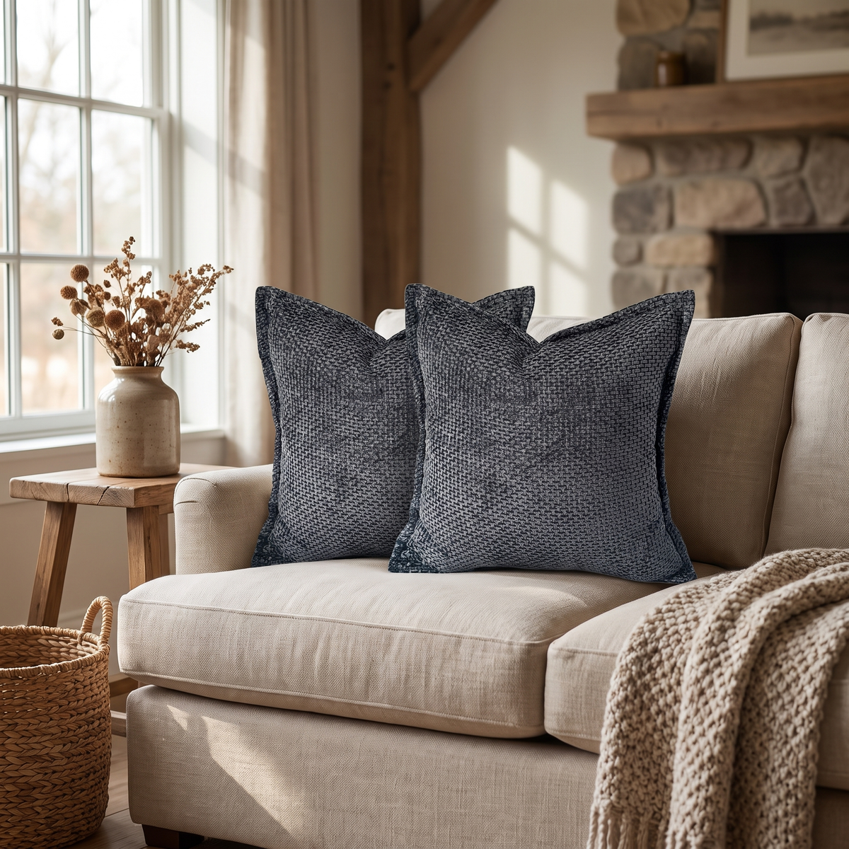 Chenille Farmhouse Cushion Covers shown styled on a sofa