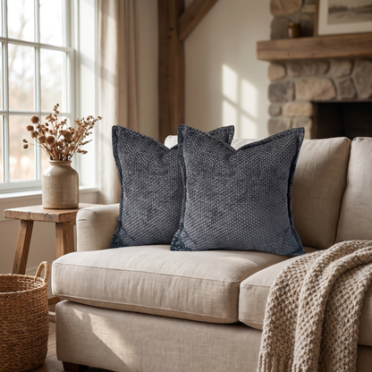 Chenille Farmhouse Cushion Covers shown styled on a sofa