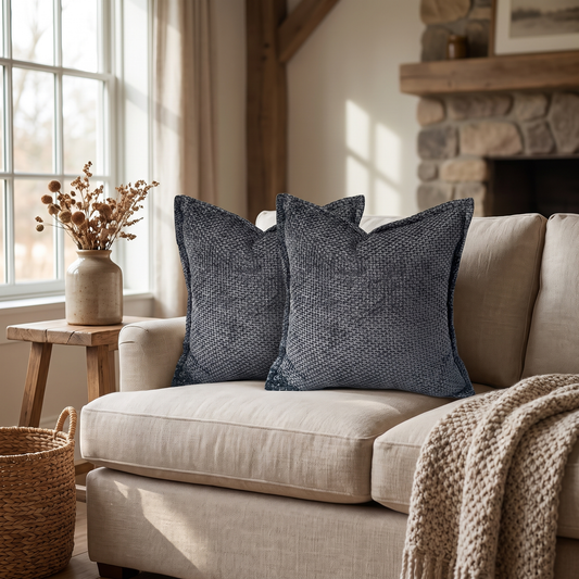 Chenille Farmhouse Cushion Covers shown styled on a sofa