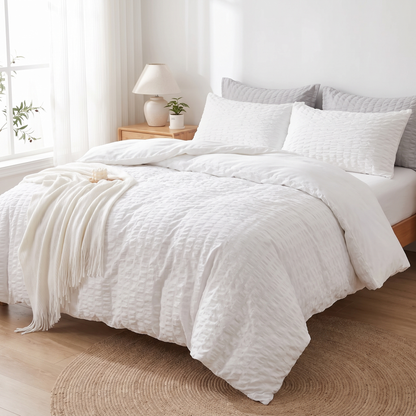 Textured Seersucker Duvet Cover Set shown styled on a bed