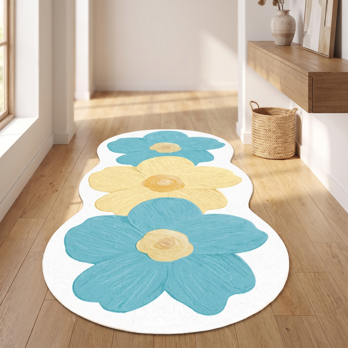 Painterly Floral Non-Slip Runner Rug shown styled in a hallway