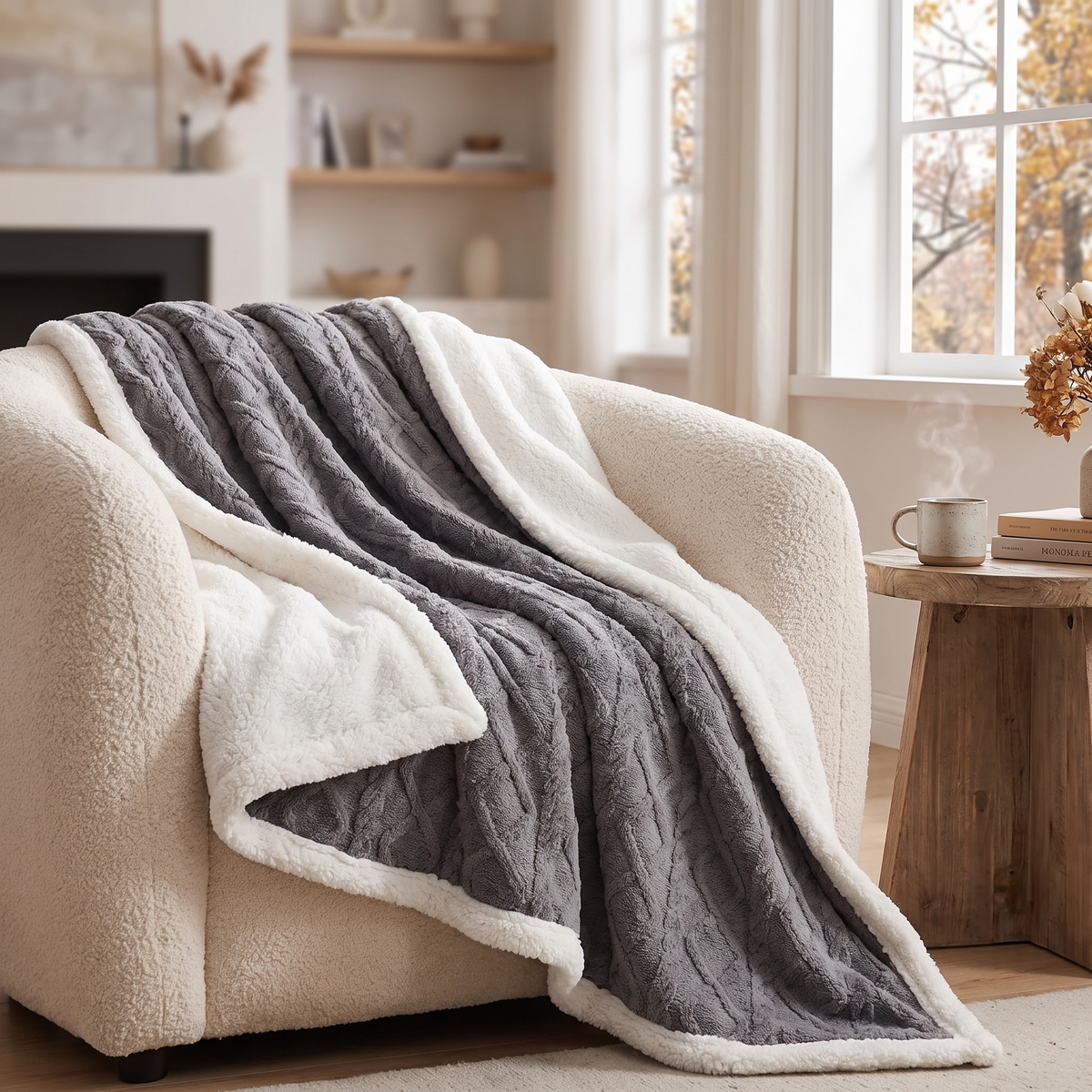 Fluffy Reversible Sherpa Throw Blanket shown draped on a chair